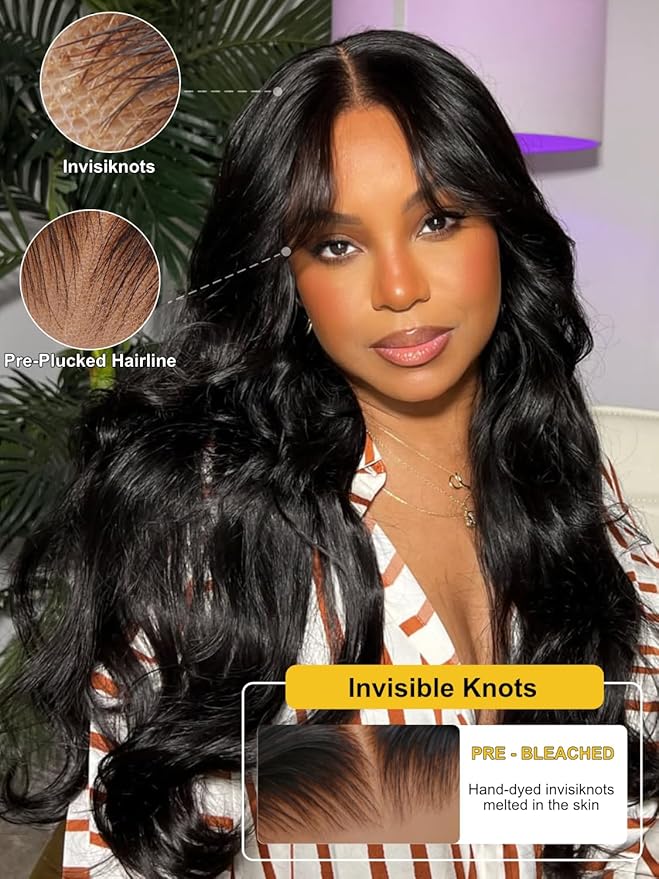 Sunber Put On and Go Glueless Wigs Pre Plucked Pre Bleached Human Hair Loose Wace With Curtain Bangs Bye Bye Knots Pre Cut Lace 13X4 HD Lace Front Wig 16Inch