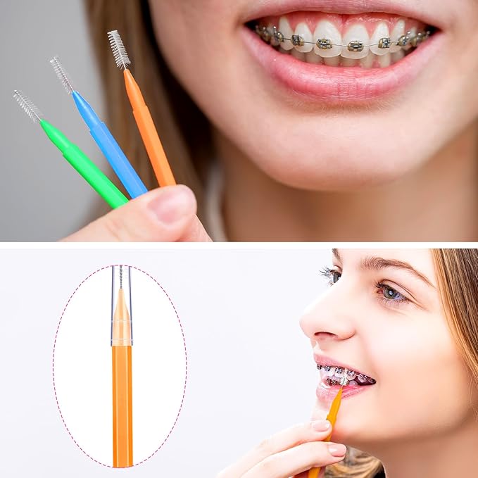 Patelai 100 Pieces Braces Brush for Cleaner Interdental Brush Toothpick Dental Tooth Flossing Head Oral Dental Hygiene Flosser Toothpick Cleaners Tooth Tool (Green, Orange, Blue,Various Sizes)