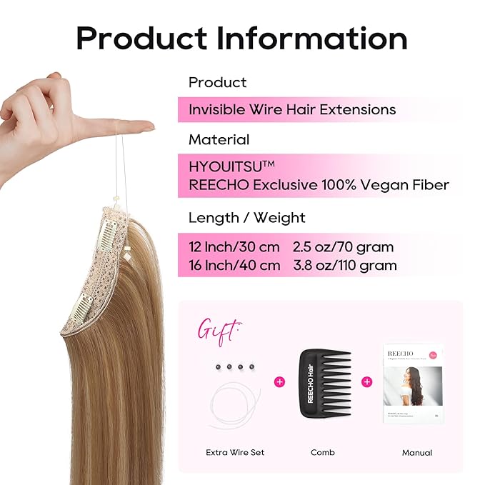 REECHO 16" Invisible Wire Hair Extensions with Thinner Softer Lace Weft Adjustable Size Removable Secure Clips in Short Straight Secret Hairpiece for Women - Light Brown with Blonde Highlights