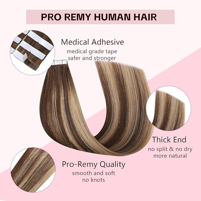 Injection Tape in Hair Extensions Real Human Hair 3rd-Generation #4/27/4 Chocolate Brown to Caramel Blonde 20pcs 35g 16inch Hand-Tied Edge Invisible Tape Extensions（#4/27/4a-16inch）