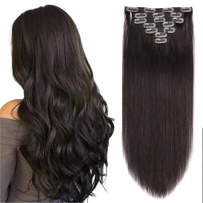 16 Inch Clip in Hair Extensions Real Human Hair 130g 7 Pieces 16 Clips #2 Dark Brown Hair Extensions Double Weft Human Hair Clip in Extension for Women