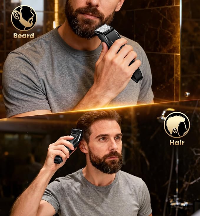 Men's Beard Trimmer-All-in-One Mustache Trimmer for Men with 20 Length Adjustable, Stainless Steel T-Blade for Precision Facial Hair Trimming Cordless IPX7 Waterproof Wet/Dry Clipper,LED Display