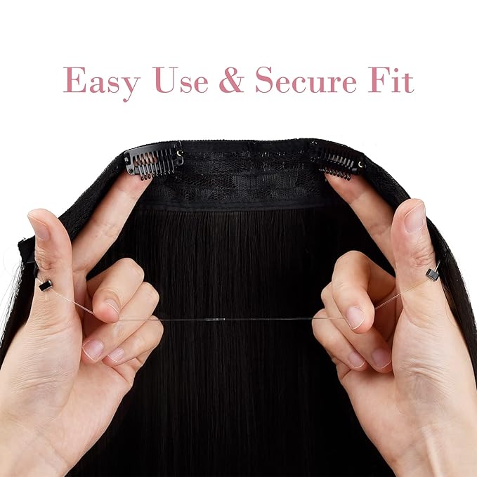 REECHO Invisible Wire Hair Extensions with Transparent Headband Adjustable Size Removable Secure Clips in Straight Secret Hairpiece for Women (12Inch(Pack of 1), Natural Black)