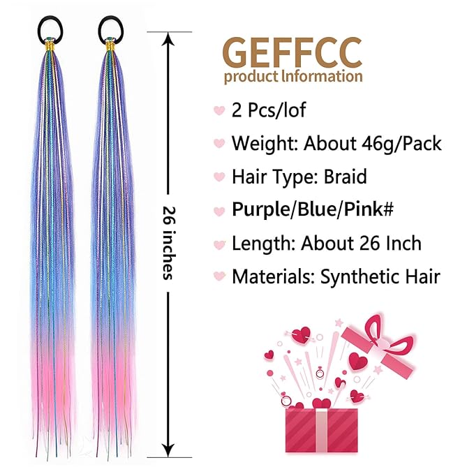 2 Pack Braid Ponytail Extensions, 26 Inch Braided Ponytail Wig with Elastic Tie for Girls (Purple/Blue/Pink#, 26 Inch (Pack of 2))