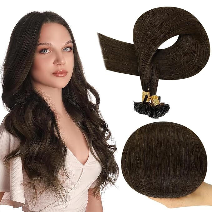 Full Shine Ktip Human Hair Extensions Color 2 Brown Keratin Bond Hair Extensions 20 Inch Long Straight Real Human Hair 50 Grams Prebonded Fusion Extensions Natural Straight