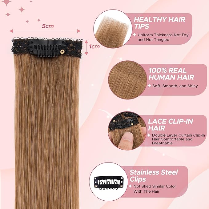 Clip in Hair Extensions Real Human Hair for Women, 12 Inch 33g 6pcs, Light Brown, Straight - Highlight, Add Volume and Length for Daily Wear, Parties, Weddings
