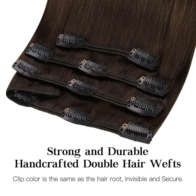 HOTBANANA Clip in Human Hair Extensions, Natural Black to Dark Brown and Chocolate Brown 120g 16 Inch 7pcs, Clip in Hair Extensions Remy Human Natural Straight