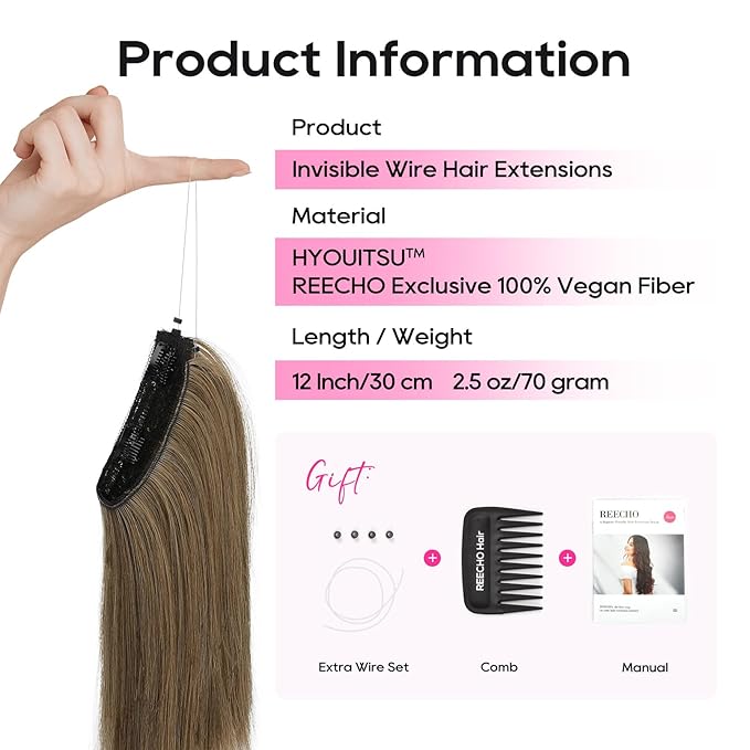 REECHO 12" Invisible Wire Hair Extensions with Thinner Softer Lace Weft Adjustable Size Removable Secure Clips in Short Straight Secret Hairpiece for Women (Ash Brown)