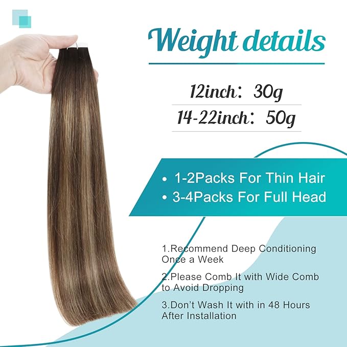 Fshine Tape in Hair Extensions Remy Human Hair,Balayage Medium Brown with Platinum Blonde, 12 Inch 30 g, Silky Straight with Thick Ends,Designed to Boost Volume & Length