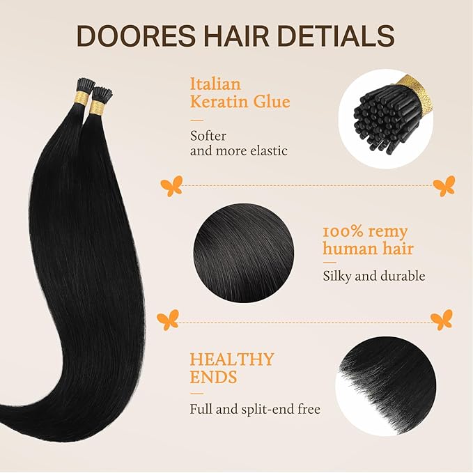 DOORES I Tip Hair Extensions Human Hair, 100s/100g 18 Inch Jet Black, I Tips Extensions Cold Fusion Remy Straight