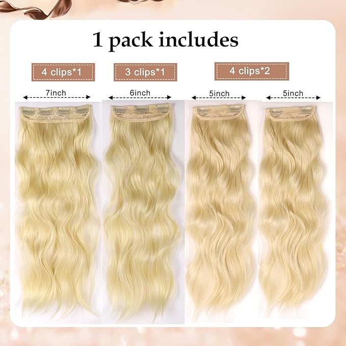 Long Wavy Clip in Hair Extensions 20inch blonde Synthetic Hair Clip in Extensions Thick Double Weft Highlights Hairpieces Full Head for Women (20INCH, 613#)