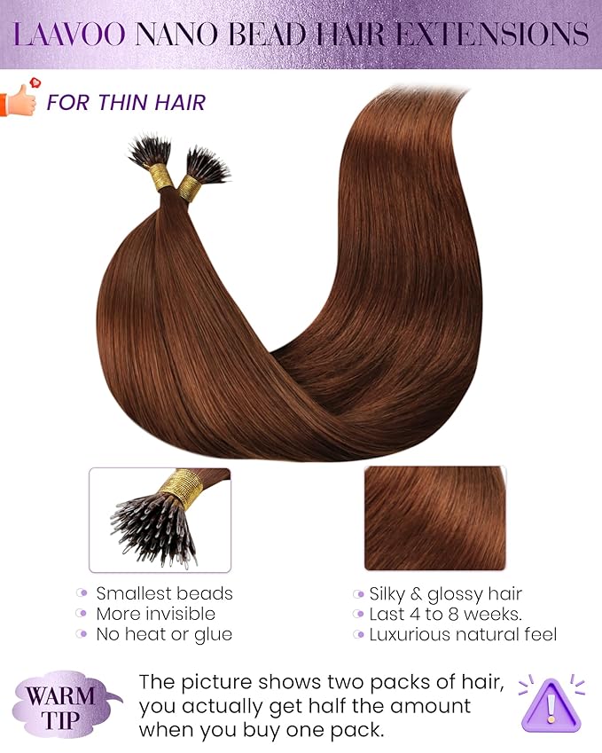 LaaVoo Nano Bead Hair Extensions Human Hair Auburn Nano Ring Hair Extension Auburn Nano Extensions Human Hair 22 Inch 50g/50s