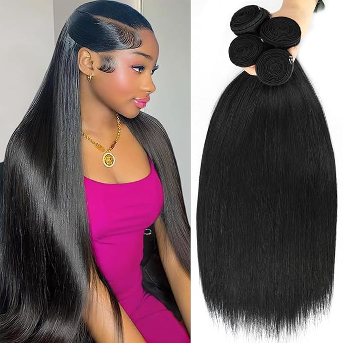Straight Bundles Human Hair 4 Bundles Human Hair 20 22 24 26 Inch 12A 100% Unprocessed Brazilian Human Hair Extension Natural Black
