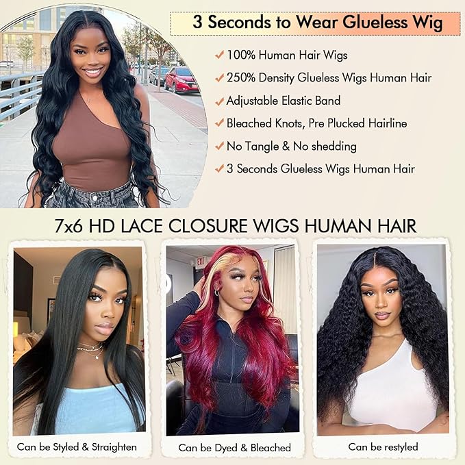 250% Density Glueless Wigs Human Hair Pre Plucked Pre Cut 7x6 HD Lace Closure Wigs Human Hair Body Wave Lace Front Wigs Human Hair for Women Drawstring Glueless Wigs for Beginners 26 inch