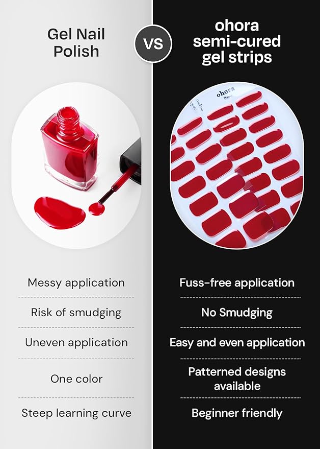 ohora Semi Cured Gel Nail Strips (N Magnetic Love) - Red, Magnet, Works with Any UV/LED Lamps, Salon-Quality, Long Lasting, Easy to Apply & Remove - Includes 2 Prep Pads, Nail File & Wooden Stick