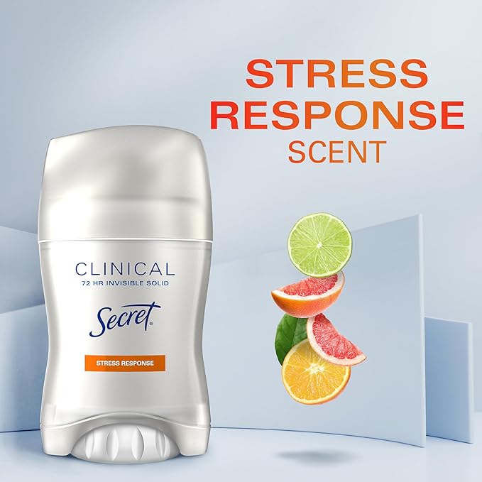 Secret Clinical Strength Antiperspirant Deodorant for Women, Stress Response, 3X Stress Protection, 72hr Sweat & Odor Protection, PH Balancing Minerals, Invisible Solid, 1.6 oz