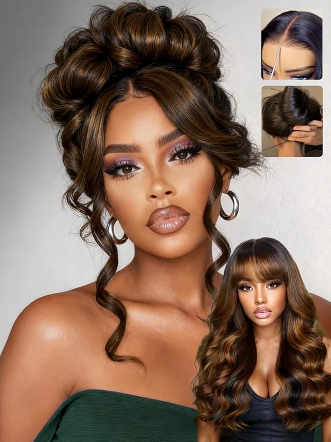 Sunber Ombre Brown Highlight Balayage Loose Body Wave With Bangs Glueless Wigs Pre cut 7x5 HD Lace Front Bye Bye Knots Drawstring Wig 16Inch Put On Go Pre Plucked Bleached Invisible Knots 180% Density