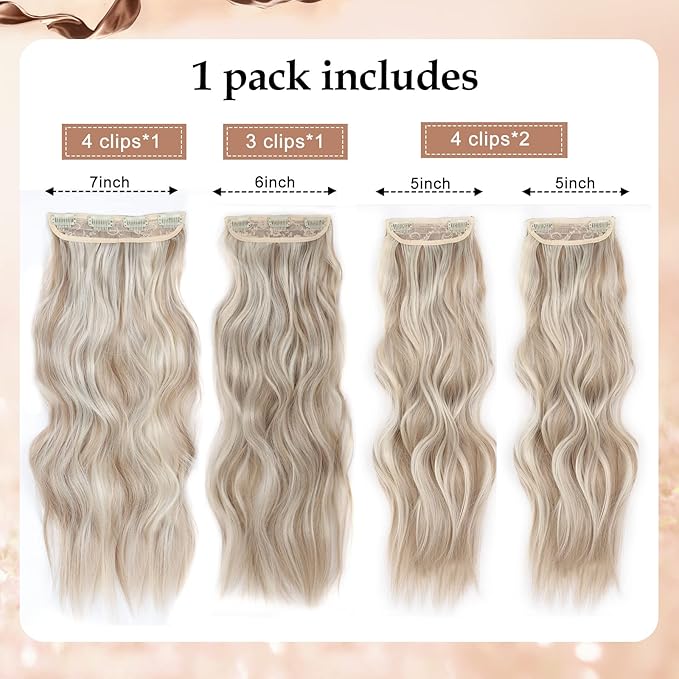 4PCS Clip in Hair Extensions for Women 20inch Dark Ash Blonde Mixed Bleach Blonde Synthetic Clip in Long Wavy Hair Extension Double Weft Hairpieces Full Head For Women (20INCH, P18/60T)