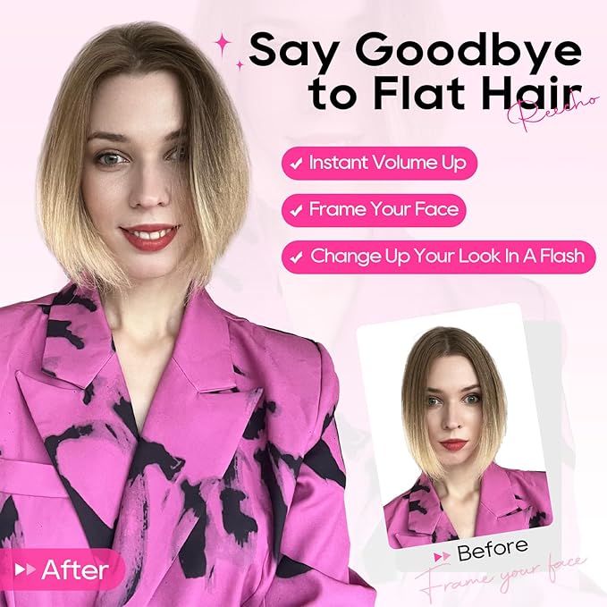 REECHO Clip in Hair Volumizer, Short Thick Clip in Hairpieces Adding Extra Hair Volume Extensions for Women with Thin Fine (Ash Blonde with Highlights, 8 Inch(Pack of 2))