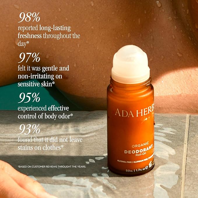 Natural Roll-On Deodorant Aluminum Free - 24 Hour Odor Protection for Women & Men - Paraben Free Alcohol Free with Aloe Vera & Corn Starch - No White Marks for Sensitive Skin (1.7 oz)