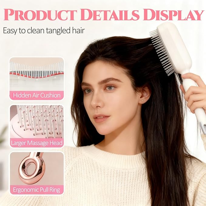 Self Cleaning Hair Brush, Retractable Hair Brush, Massage Comb With Retractable Bristles, Ergonomic Handle Hair Comb, One-pull Clean Anti Static Brushs, Hairs Styling Tools for All Hairs Types (Pink)