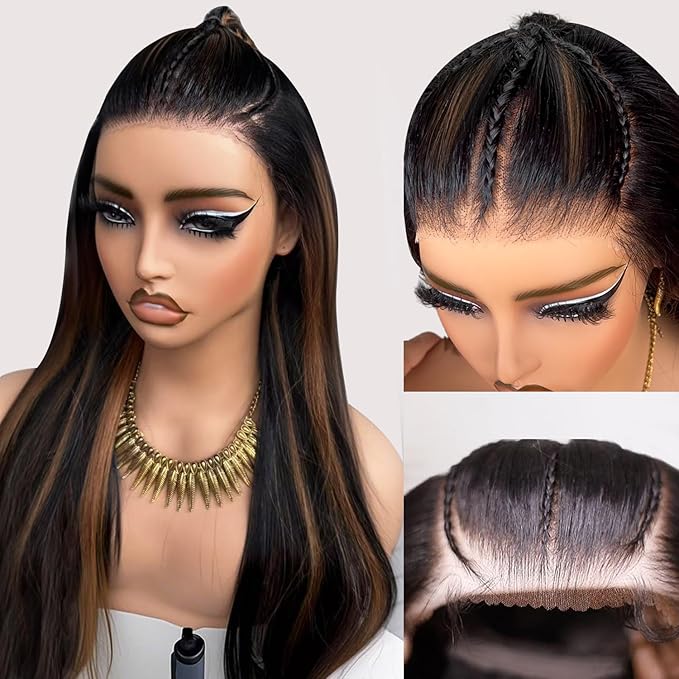 AMIRTY Ready to Go 9x6 glueless braided wigs for black women Bleached Knots Ombre Straight Wigs Human Hair Wear and Go Glueless wigs human hair Natural Color 24 Inch