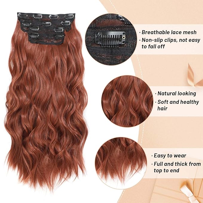 Clip in Hair Extensions 4 PCS 20 Inch Auburn Long Wavy Hair Extensions, Natural Soft Hair Double Weft Hairpieces for Women (350#, 20INCH)