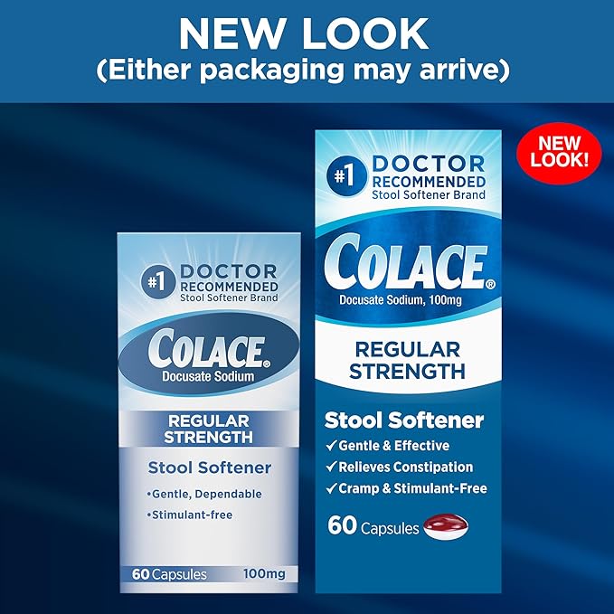 Colace Stool Softener 100 mg, 60 Capsules, Constipation Relief, Docusate Sodium, Gentle Docusate, Stimulant-Free, Regular Strength, #1 Doctor Recommended Stool Softener Brand