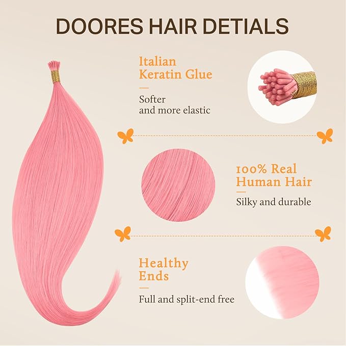 Doores I Tip Extensions, Peach Pink 18 Inch 25g/25s, Extensions For Women, Hair Extensions Human Hair