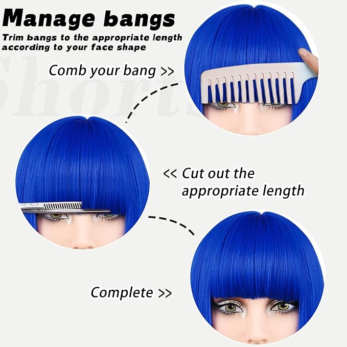 MAYSA Blue Bob Wigs with Bangs for White Women Short Straight Bob 12in Synthetic Cosplay Daily Party Colorful Wig # Royal Blue ﻿