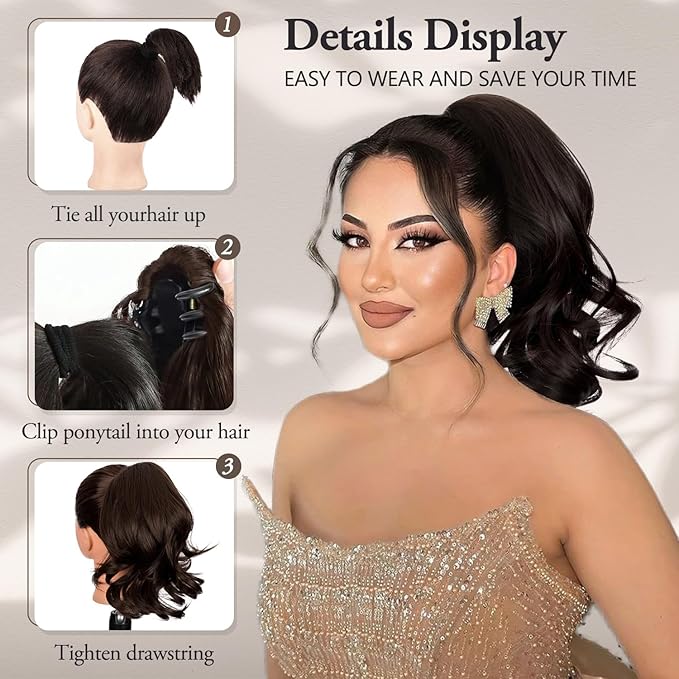 Ponytail Extension, 12inch Curly Wavy Ponytail Claw Clip Ponytail Extension Natural Looking Soft Synthetic Clip on Pony Tails Hairpiece for Women (Brown Black 6#)