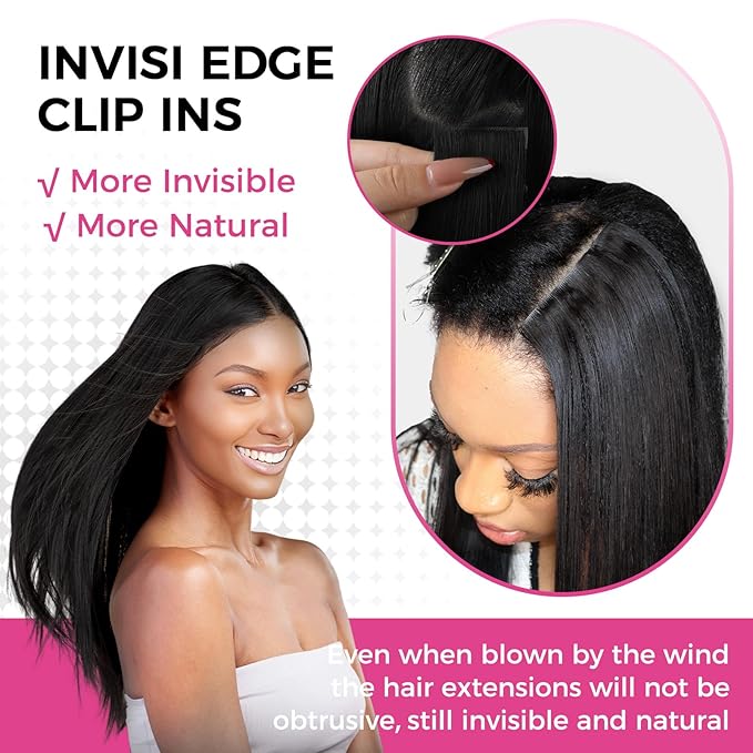 Lashey Invisi Edge Clip in Hair Extensions 16 Inch 110g 7pcs Injected Seamless PU Clip in Hair Extensions Virgin Human Hair, #1 Jet Black Straight Hair