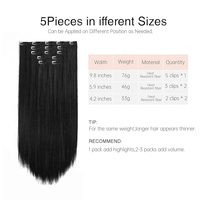 Natural Black Hair Extension Clips 26 Inch Long Invisible Straight Thick Synthetic Clip in Extensions Ins 5PCS Easy Installation Fake Soft Hairpieces for Women Weddings Party Daily Use 8.1 Oz