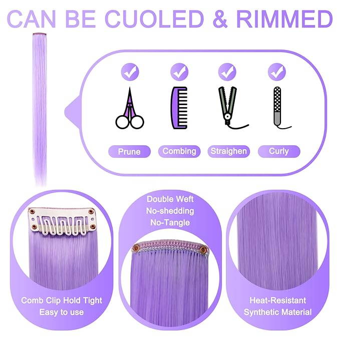 Rhyme Multi-colored Hair Extensions for Kids 21" Colored Clip in Hair Extensions Girls Hair Clips Party Highlights Hair Accessories 12 PCS (Light blue,Light purple)