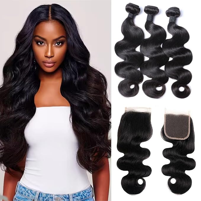 Brazilian Body Wave Virgin with Lace Closure(18 20 22 with16 Closure) Human Hair Unprocessed Hair with Closure 4X4 Lace Natural Black Hair