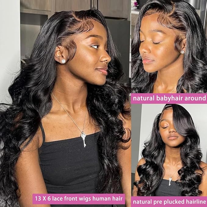 13x6 Body Wave Lace Front Wigs Human Hair Pre Plucked 200% Density HD Transparent Lace Frontal Wigs Human Hair With Baby Hair Natural Black 30 Inch