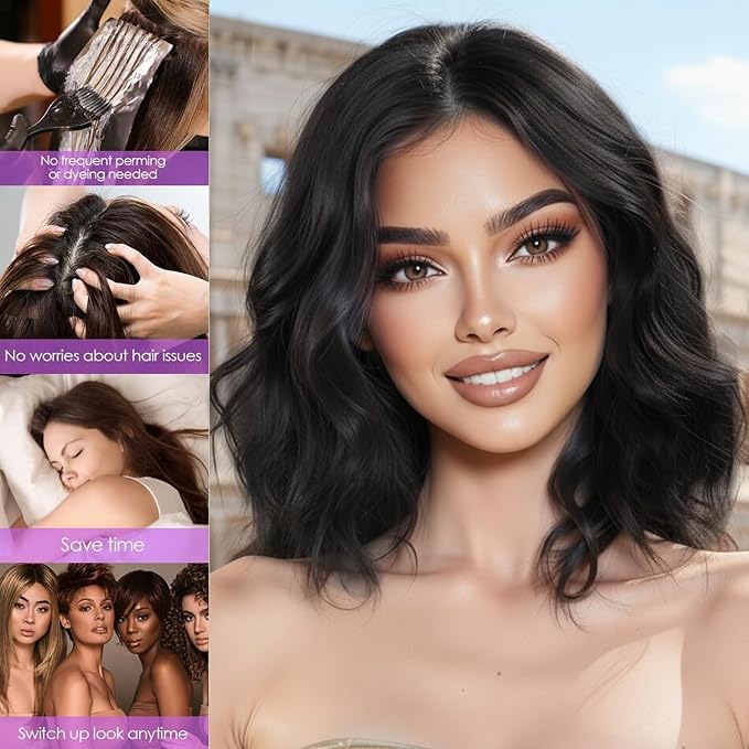AISI HAIR 14 Inch Natural Black Wigs for Women - Shoulder Length Wave Wig with Pre-Cut Lace Hairline, Middle Part Natural Wavy Bob Synthetic Heat Resistant Fiber for Daily and Party