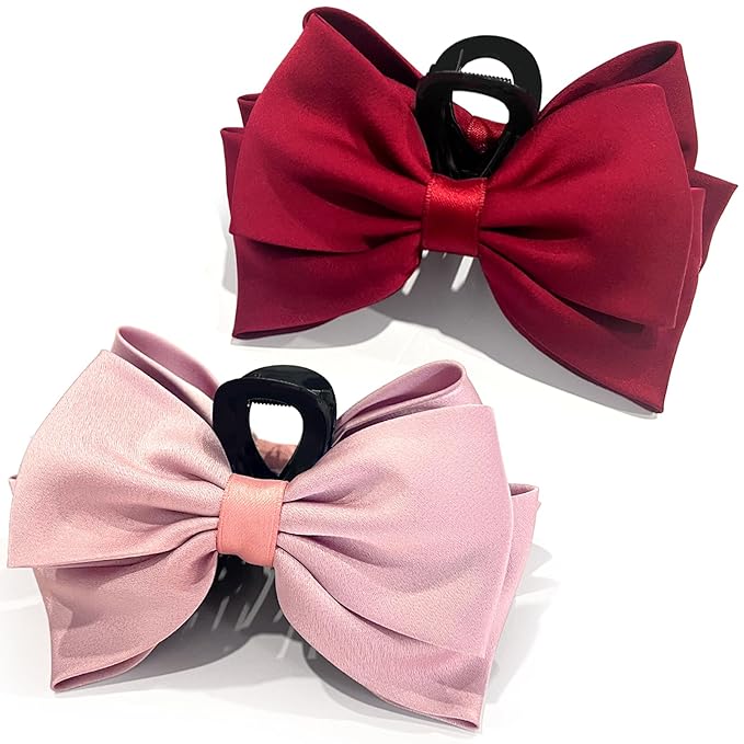 Bow Claw Clip,StrongHold Cute Bow Hair Claw Clips for Women Girls,Nonslip Silky Big Hair Bows Ribbons for Hair Claws,Large Claw Clips for Thick/Thin Hair Styling Accessories Gifts (red,pink)