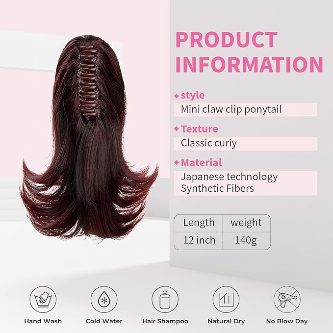 Ponytail Hair Extensions, 12 Inch Claw Clip Ponytail Hair Extensions for Women, Chin Clip Wigs, Soft Synthetic Wigs-Wine Red with Dark Root