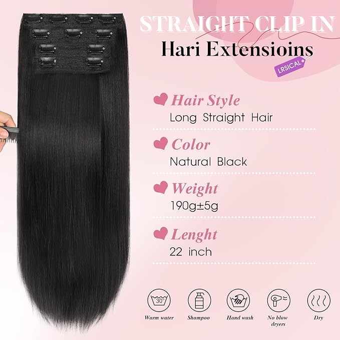 Clip in Synthetic Hair Extensions Long straight 4PCS Thick Hairpieces Nature Black Fiber Double Weft Natural Hair Extensions 22 Inch for Women