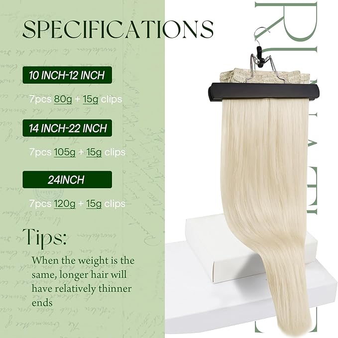 RUNATURE Clip in Hair Extensions Real Human Hair Blonde, Real Hair Extensions Clip in Human Hair, Long Straight Human Hair 24 Inch 135g 7pcs #800 Platinum Blonde