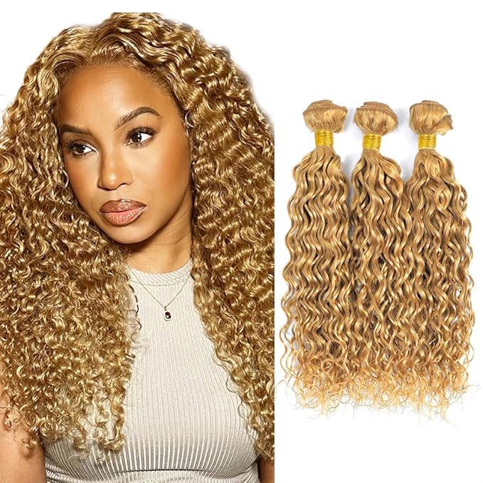 20 22 24 Inch Blonde Bundles Human Hair #27 Honey Blonde Water Wave 3 Bundle Unprocessed Brazilian virgin hair Weave Extensions Double Weft 50 Grams/Bundle Colored Blonde Bundles for Woman