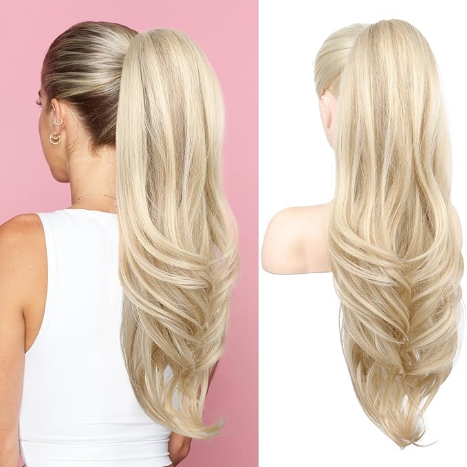 SEIKEA Versatile Drawstring Ponytail Extension, 26" Long Wavy Multi Layered Clip in Ponytail Hair Extensions Stand Up High Fake Pony Tail Soft Natural Synthetic Hairpiece Ash Blonde/White Blonde
