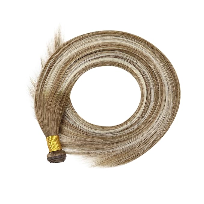 Fshine Genius Weft Hair Extensions Color Chestnut Brown Fading to Platinum Blonde Sew in Hair Extensions for Women 14 Inch 50g