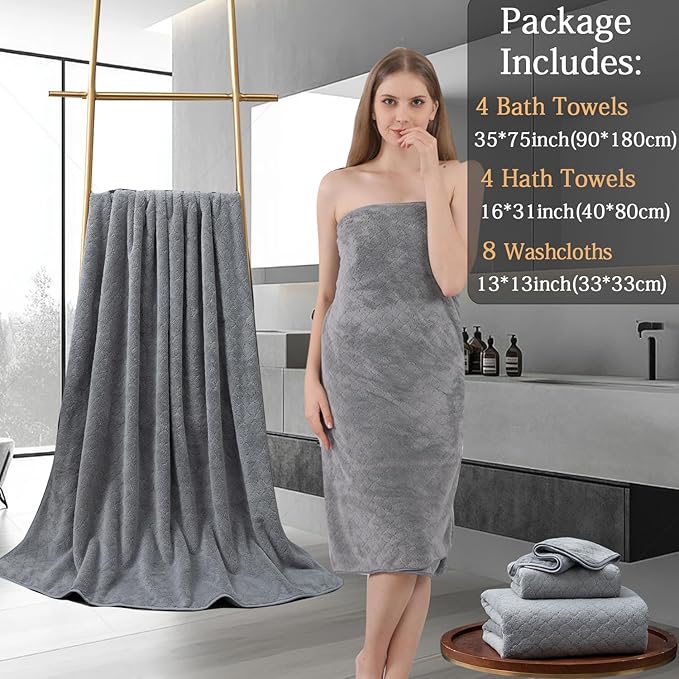 Ycosy 8-Piece Bath Towels Set,2 Oversized Bath Sheet,2 Hand Towels and 4 Washcloths - 600 GSM Soft Microfiber Highly Absorbent Quick Dry Bath Sheet Collection for Bathroom Hotel and Spa,Grey