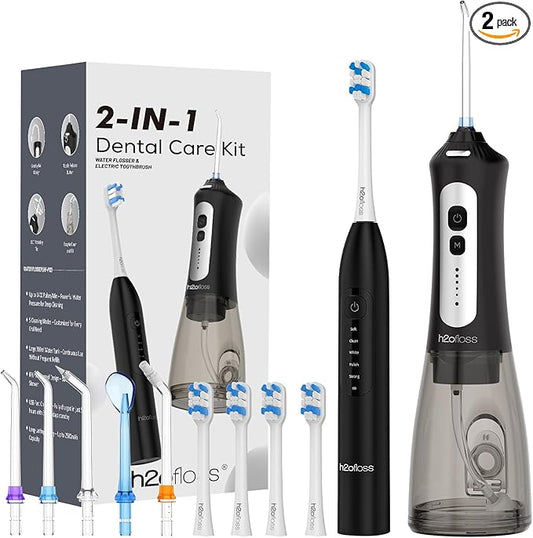 H2ofloss Sonic Electric Toothbrush and Water Flosser Combo, Rechargeable 2000mAh Toothbrush and 2500mAh Oral Irrigator with 300ml Tank, 4 Brush Heads, 5 Nozzles, 2 in 1 for Home and Travel (Black)