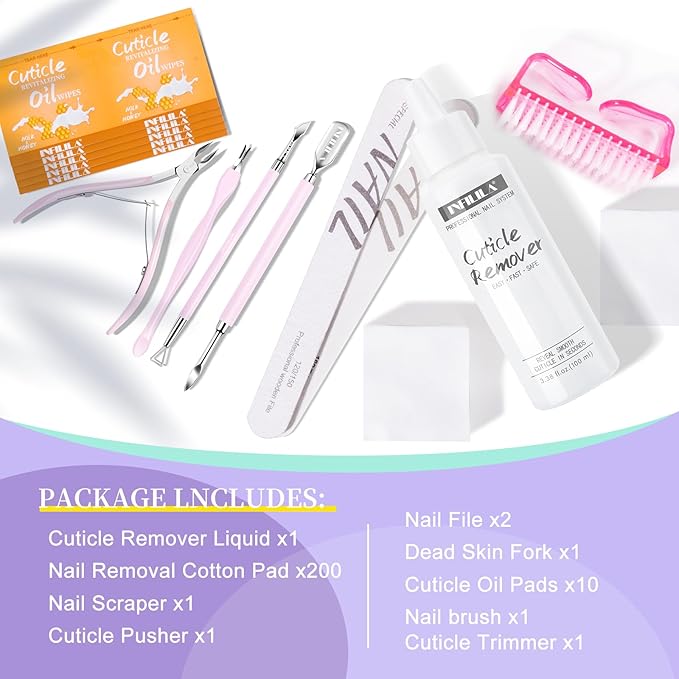 NXJ INFILILA Cuticle Kit, Manicure Kit for Women Cuticle Remover Liquid Cuticle Softener 3.38 oz, Cuticle Trimmer Cuticle Pusher, Cuticle Oil, 200PCS Nail Wipes with Nail Wipes, Gifts for Nail Care