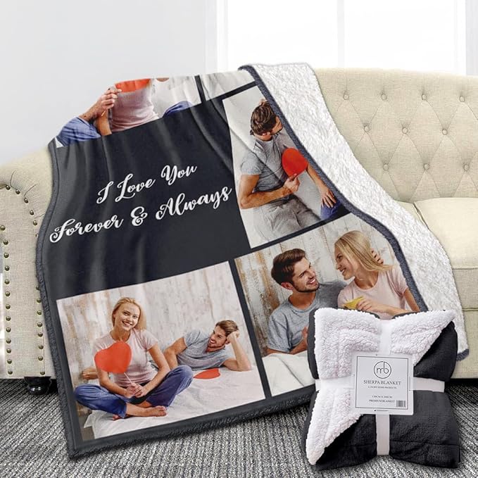 Custom Sherpa Fleece Blanket with Photos, Text, Soft, Warm, Fuzzy - Personalized Couples Gifts for Boyfriend, Girlfriend - Customized Picture Blanket for Birthday, Anniversary, Christmas
