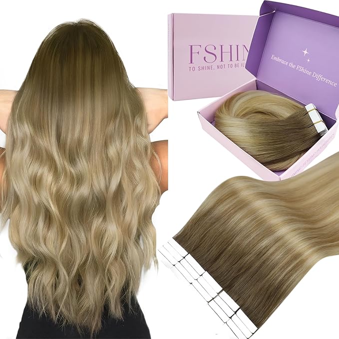 Fshine Tape in Hair Extensions 16 Inch Chocolate Brown to Caramel Blonde and Platinum Blonde Human Hair Tape in Extensions Adhensive Real Hair Extensions Tape for Women 20pcs 50 Grams