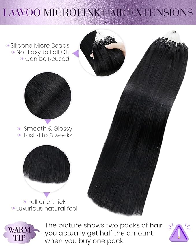LaaVoo Microlink Hair Extensions Human Hair Black Micro Beads Hair Extensions 20 Inch Jet Black Real Human Hair 50g 50s